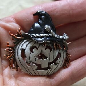 JJ Black+Orange Enamel And Silver Tone Metal Jack-O-Lantern Witch Hat Brooch